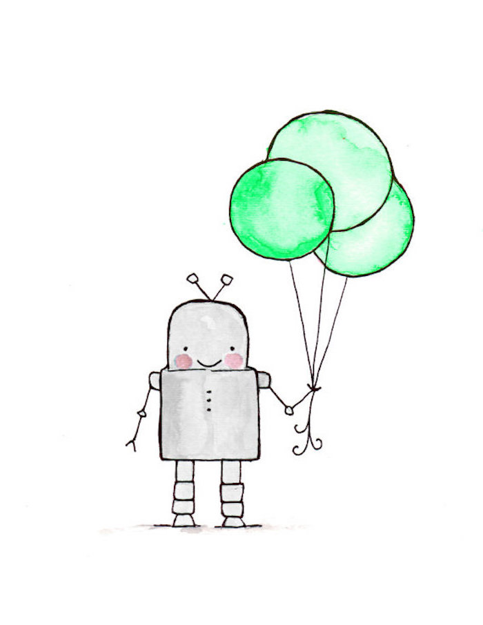 Roboter hält drei grüne Ballons, lustiges Bild zum Nachzeichnen, Bild mit Bleistift