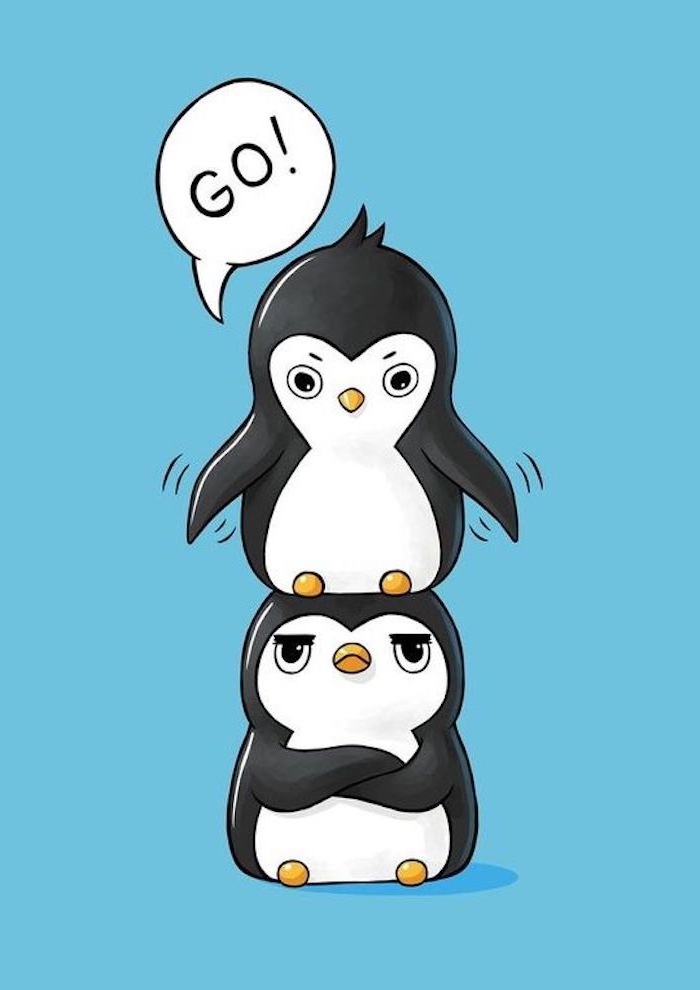 Pinguin selber malen, zwei Pinguine aufeinander, lustiges Bild zum Nachzeichnen 