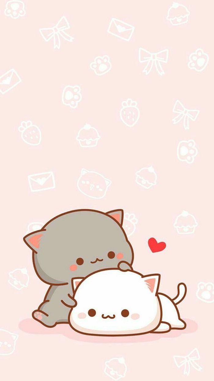 Süßes Kawaii Bild zum Nachzeichnen, graue und weiße Katze in Umarmung, kleines rotes Herz