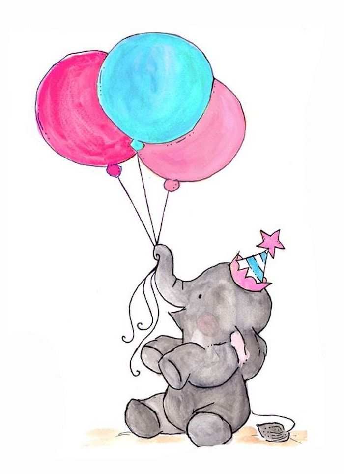 Schöne Zeichnungen, Baby Elefant mit Partyhütchen hält drei Ballons
