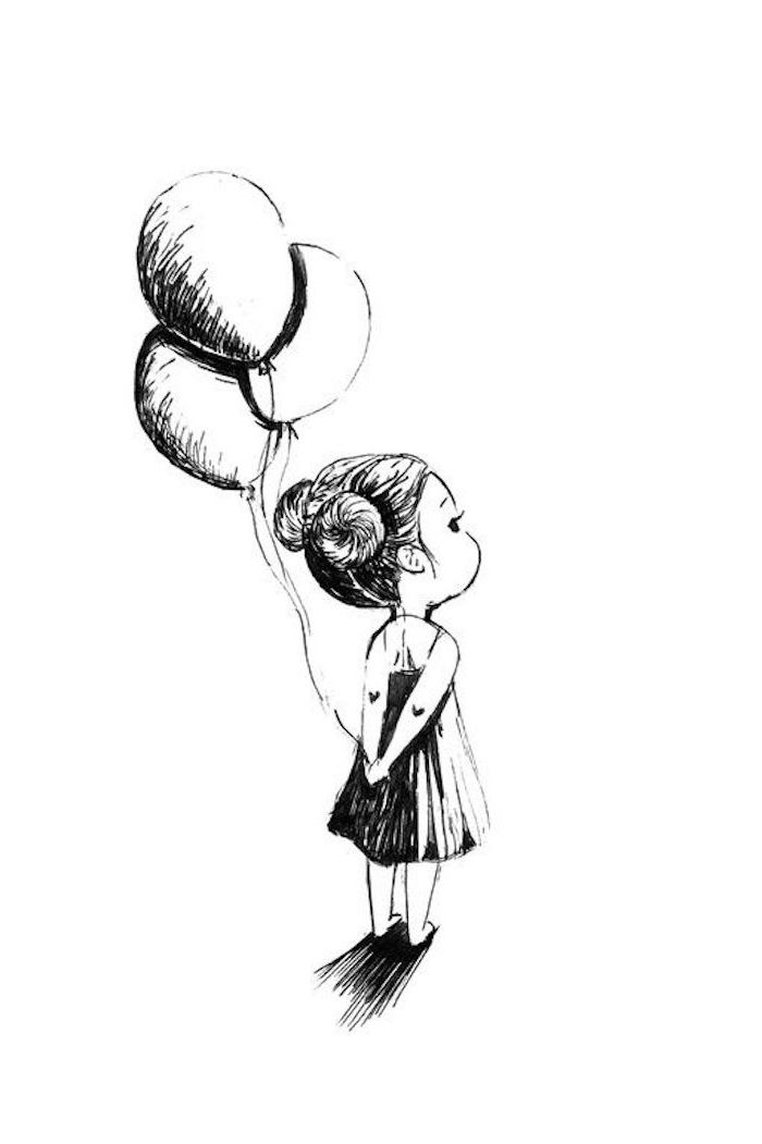 Süßes Bild zum Nachzeichnen, kleines Mädchen hält drei Ballons, Double Bun Frisur, weites Kleid, Herzen an beiden Armen