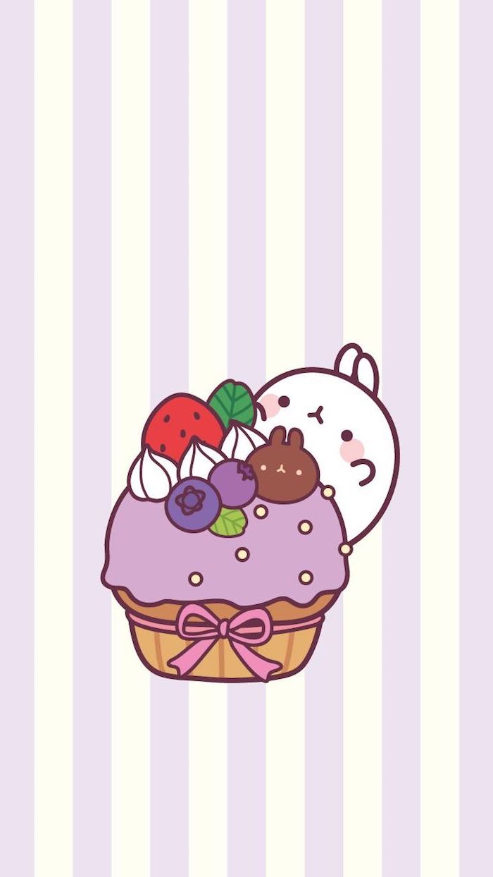 Kawaii Bild zum Nachmalen, Cupcake mit Fruchtcreme, Beeren und Sahne, weißer Hase