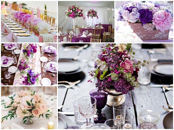 blumengestecke hochzeit, tischdeko in rosa und lila, dekoration, heiraten im frühling