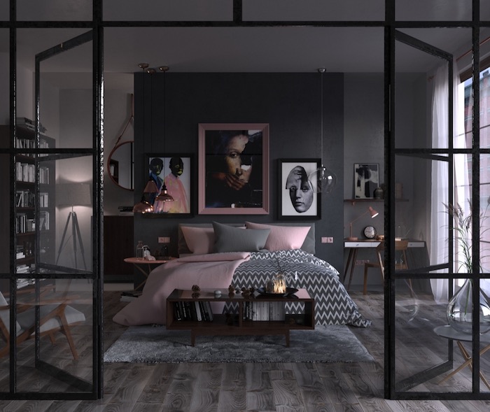 deko ideen schlafzimmer, einrichtung in grau und rosa, wandfarbe antharzit, wanddeko bilder