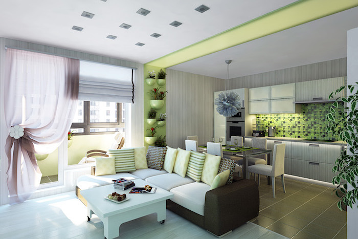 grüne farbe für moderne einrichtung zu hause, grüne tapeten, wandfarbe grün, sofa, vorhänge