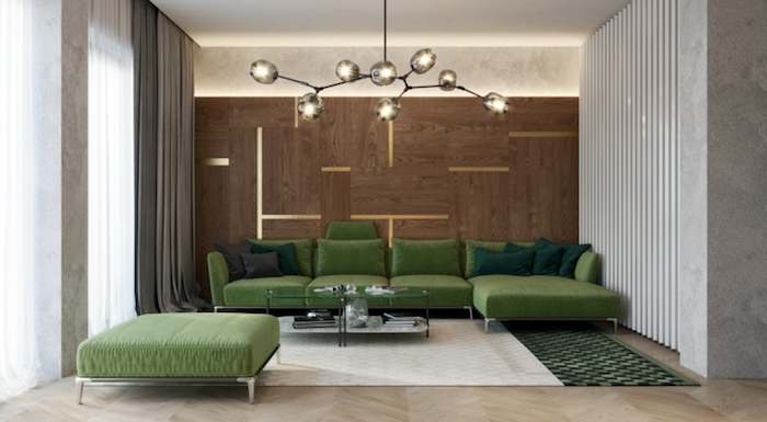 grün und braun design wohnzimmer, naturfarben natürliches design, lampe, teppich helle farbe