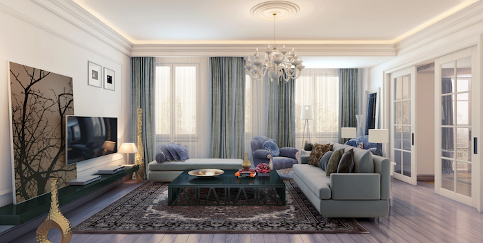 stilvolles wohnzimmer einrichten ideen, blau und lila, dekor ideen, teppich persisch, graue vorhänge