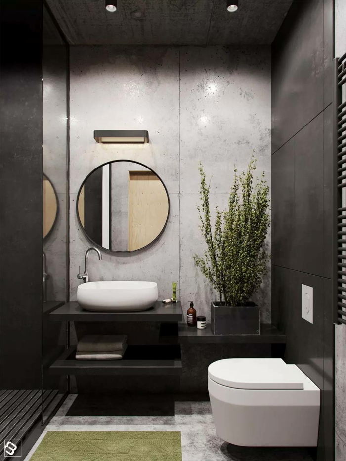 graues Badezimmer, ein winziges Badezimmer mit Deckenleuchte, runder Spiegel, Badezimmer Ideen für kleine Bäder