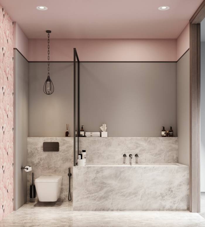 Marmor Badewanne, Marmorboden, graue Wände und rosa Decke, Badezimmer Ideen für kleine Bäder