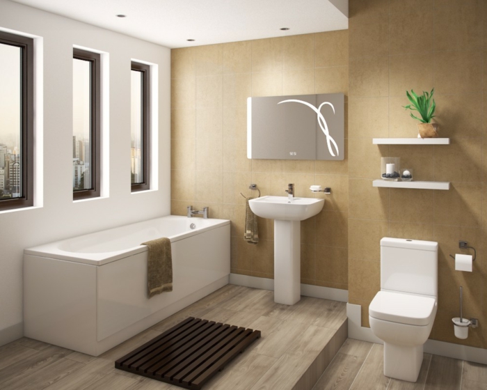 Badezimmer Gestaltungsideen, eine weiße Badewanne, Laminat Bodenbelag, braune Wände