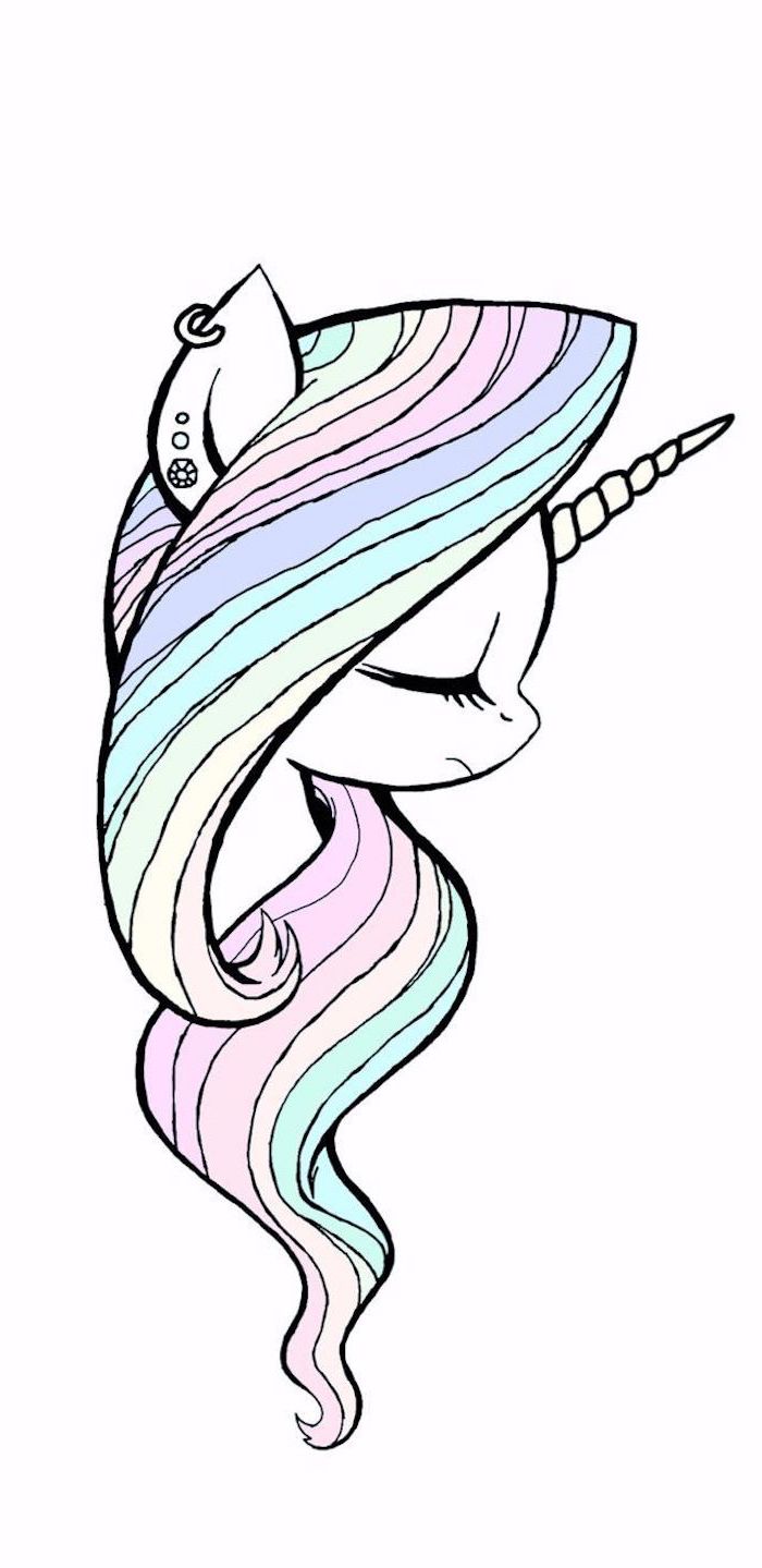 Kleinen Einhorn selber malen, mit Regenbogen Mähne, drei Ohrringe, süße Zeichnung