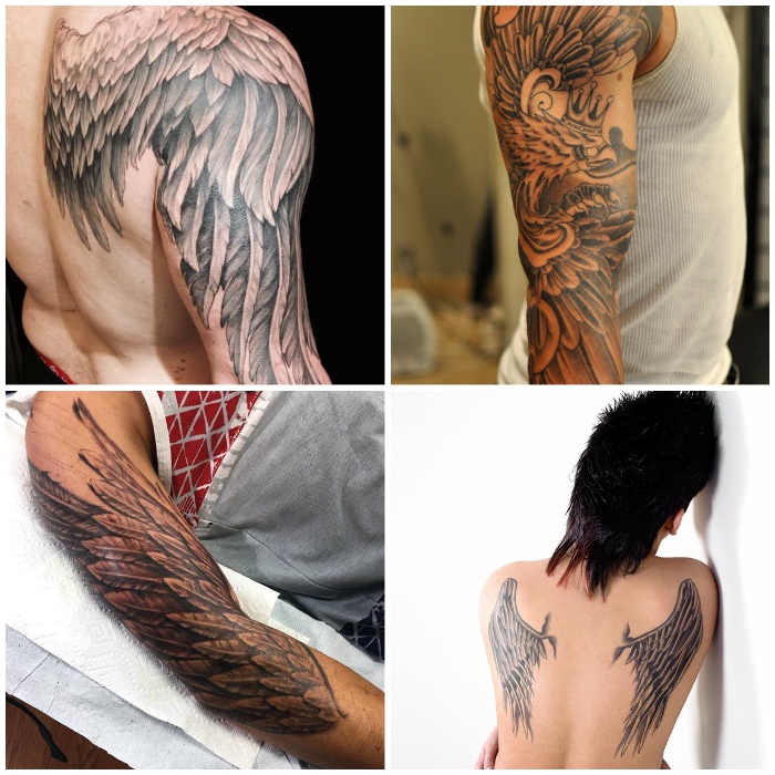 angelsflügel tattoo arm, schwarz graue realitische tätowierungen mit flügel als motiv