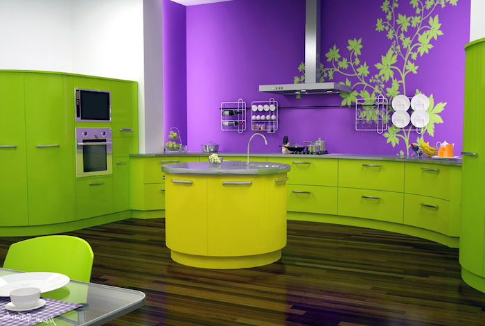 farbpalette grün, küche einrichten in lila und knallgrün, wandsticker mit floralem motiv, runder kücheninsel