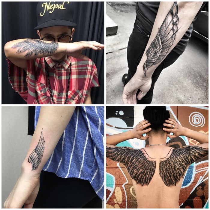 flügel tattoo designs, zwei vogelflügel am rücken, schwarz graue tätowierungen