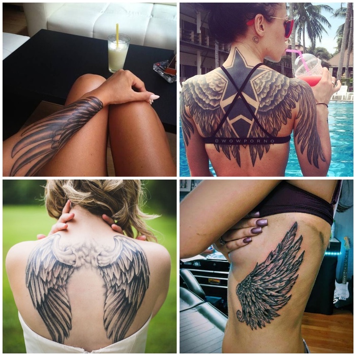 flügel tattoo, verschiedene designs, frauen mit tattoos, großer schwarzer stern mit vogelflügeln