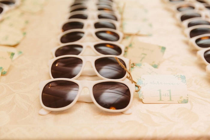 Sonnenbrillen mit Platzkarten für alle Gäste, coole Idee für Sommer Party oder Hochzeit