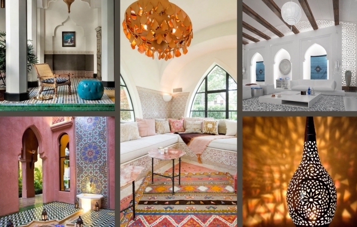 wohnzimmer deko ideen zum inspirieren und nachahmen, bunte dekorationen wie in dem orient, teppiche, lüster, vasen, bodenkissen 
