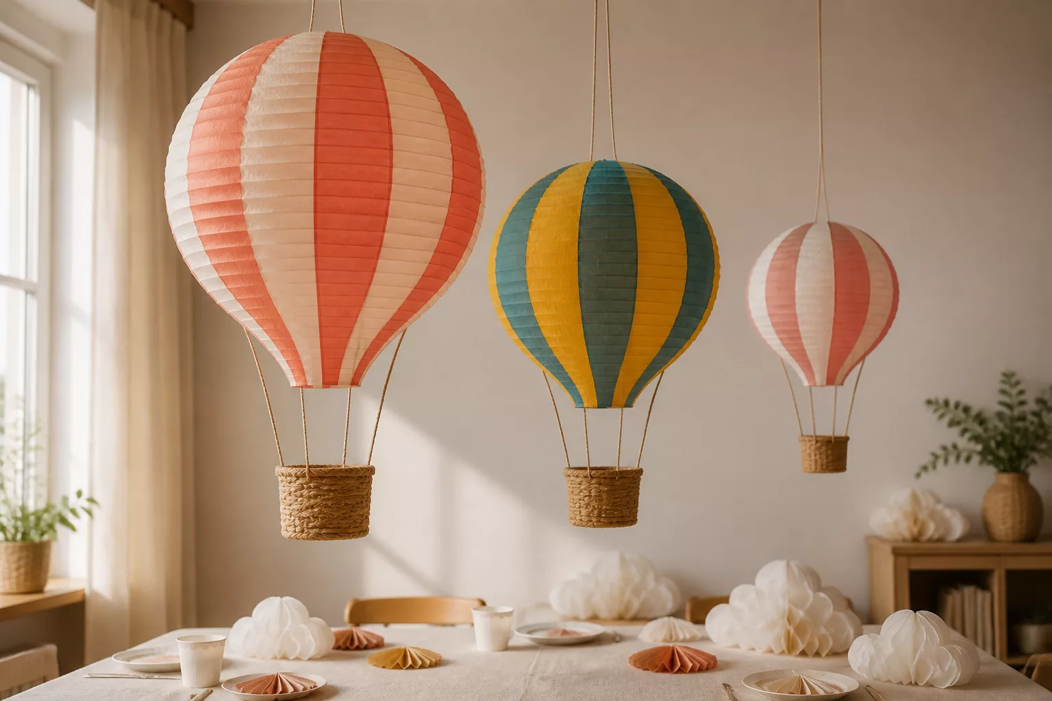 Drei Deko-Heißluftballons in verschiedenen Größen über dem Festtisch