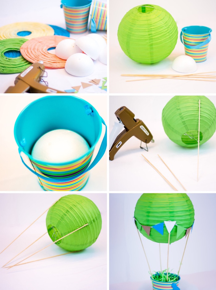 heißluftballon basteln, grüne papierlaterne, blauer eimer mit bunten streifen, styroporbälle