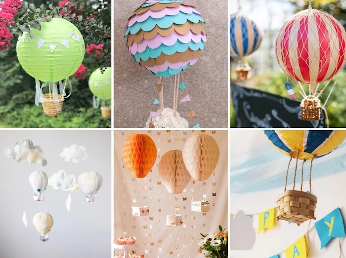 heißluftballon basteln, gartendeko selber machen, ballons aus wabenbällen, grüne laterne, tutorials