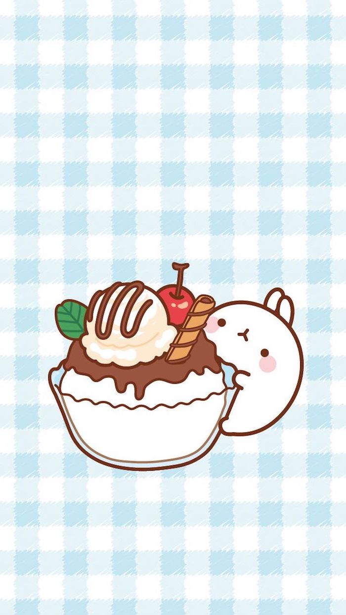 Süßes Kawaii Bild zum Nachmalen, Eis mit Schokoladenglasur und Kirsche, kleiner weißer Hase