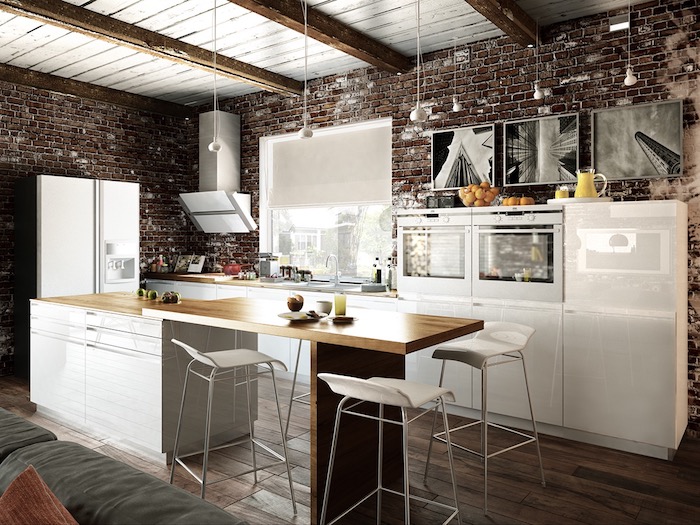 kleine küche ideen in ausgetragener look, steinwand oder ziegelwand deko ideen, weiße luxusmöbel
