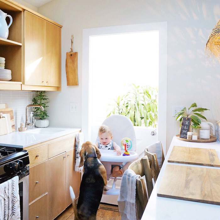 kleine küchenzeile renovieren, ein baby und hund spielen in der küche, kleine ecke