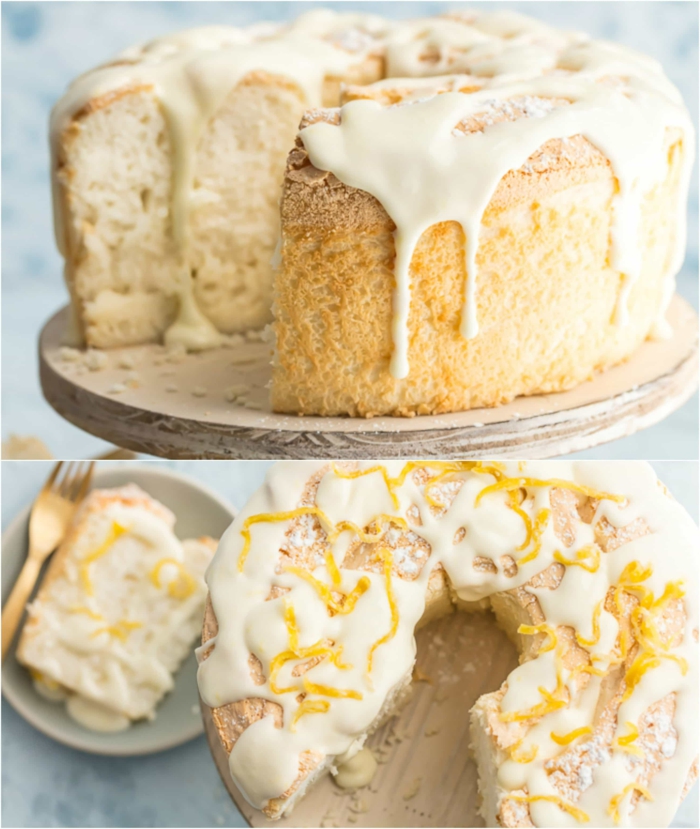 Kuchen backen, weiße Creme als Dekoration, Zitronenschalen, zwei Fotos von dem Kuchen