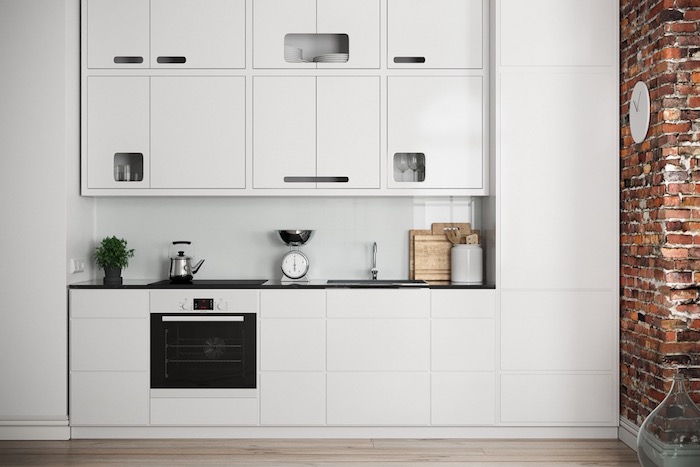 küchenlösungen für kleine küchen ideen in weiß, steinwand an der küche designer ideen