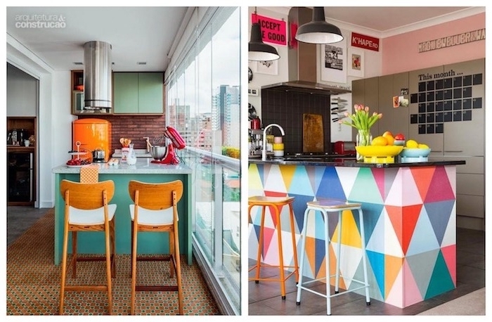ideen für sehr kleine küchen mit krassen und bunten farben gestalten, puzzle aus farben, moderne designentscheidungen