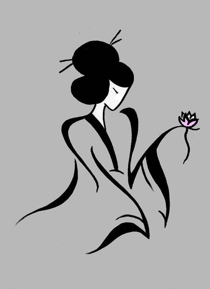 Schönes Bild zum Nachmalen, Geisha hält Lotus in der Hand, Kimono und typische Frisur