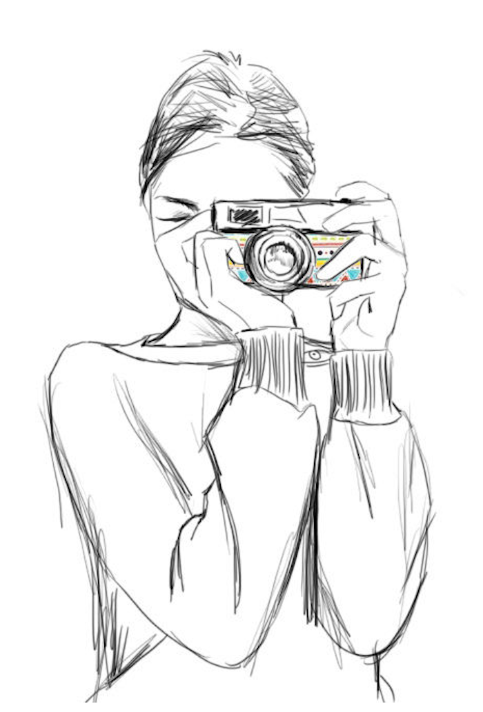 Schöne Illustration zum Nachzeichnen, Frau mit Fotoapparat, Bluse mit langen Ärmeln