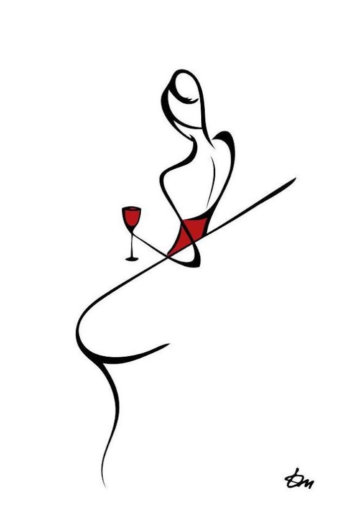 Leichte Zeichnungen, Frau mit Dutt Frisur trinkt Rotwein, rotes rückenfreies Kleid