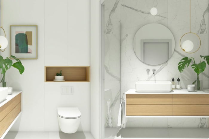 ein runder Spiegel, Unterregale mit Waschbecken, Badideen, ein minimalistisches Badezimmer