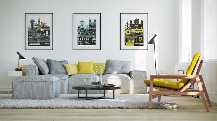 designer wohnzimmer mit futuristischen motiven, grau, gelb, weiß und schwarz mit robotermotiven