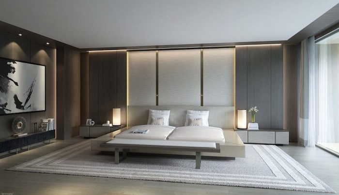 moderne schlafzimmer, wandpaneele mit beleuchtung, wandfarbe antharzit, schlafzimmereirncihtung