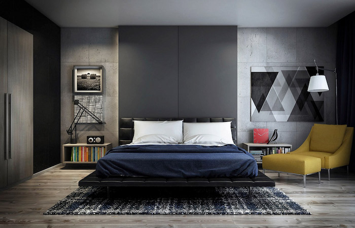 wandfarbe antharzit, moderne schlafzimmer, gestreifter teppich, bild mit goemetrischem motiv