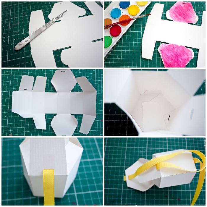 origami schachtel selber machen, anleitung in bildern, weißes papier, gelbe schleife