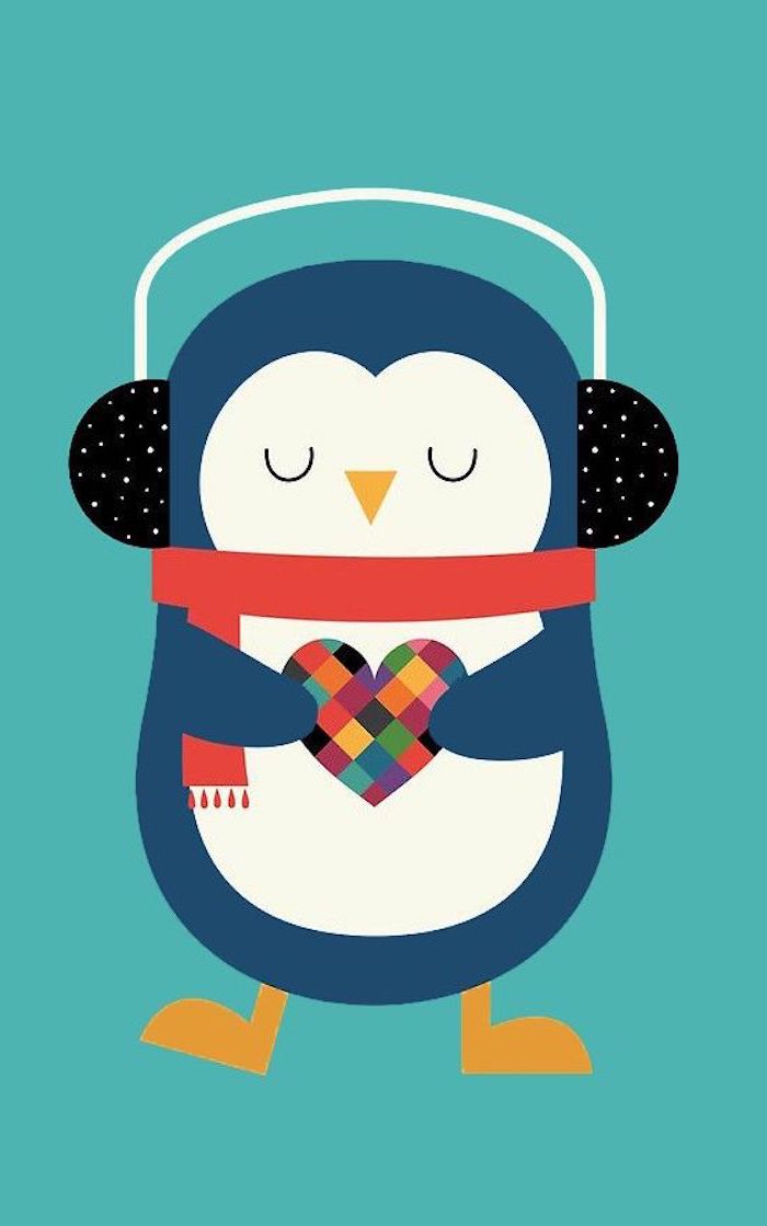 Tiere selber malen, Pinguin mit rotem Schal und Hörern hält buntes Herz, süßes Bild zum Nachzeichnen
