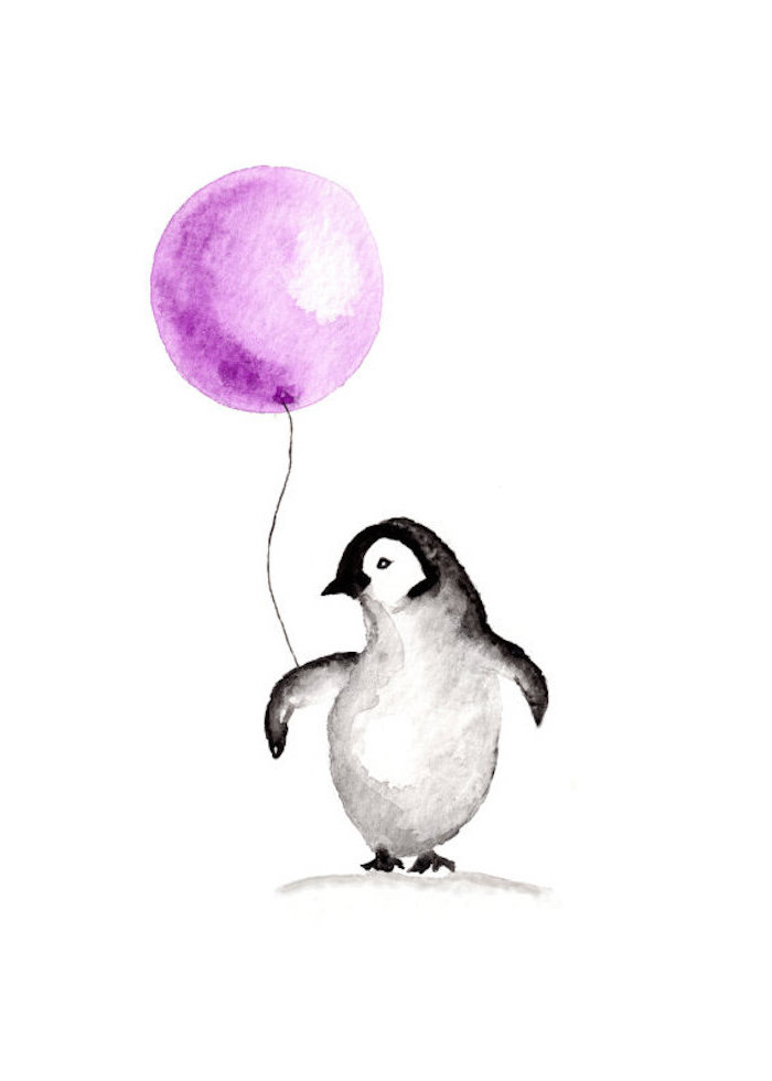 Tiere selber malen, Pinguin hält lilafarbenen Ballon, schöne Zeichnung zum Nachmalen
