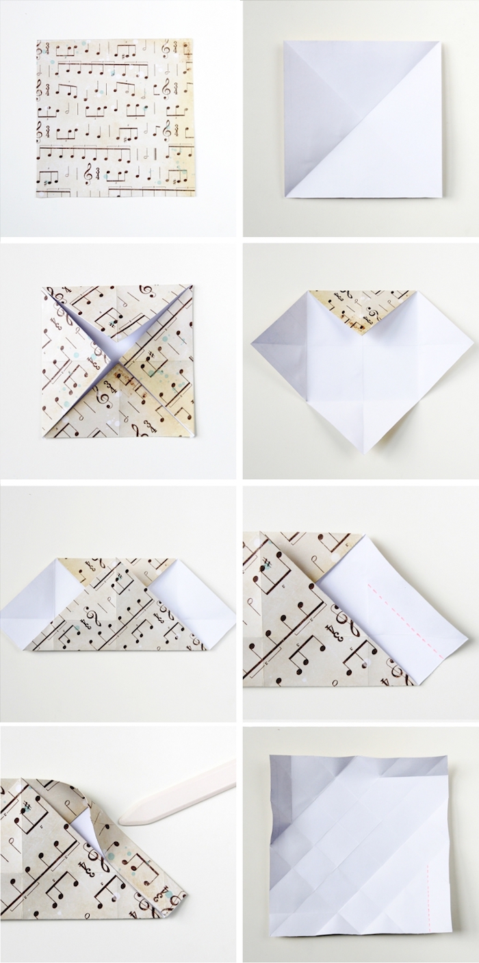 rechteckige schachtel falten, weißes glanzpapier mit noten, basteln mit papier