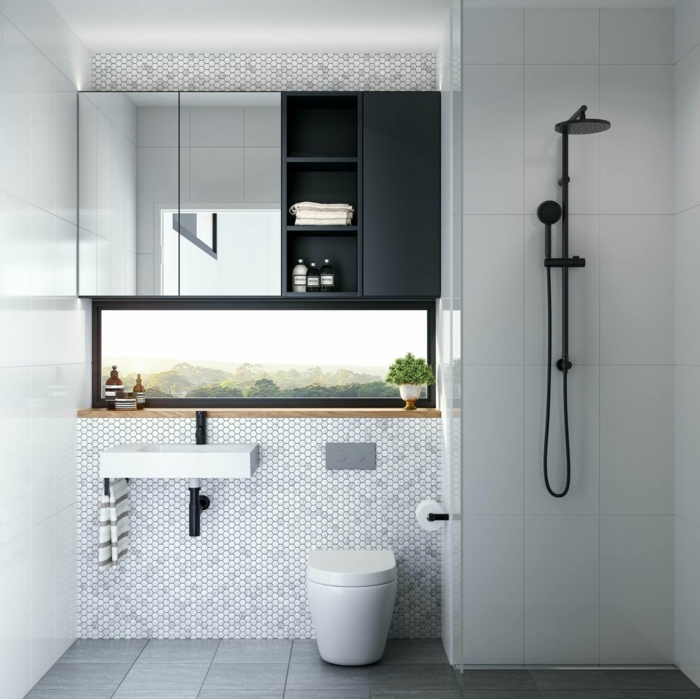 graue Fliesen am Boden, weiße Mosaikfliesen an der Wand, Spiegelschränke, Badideen, kleines Waschbecken
