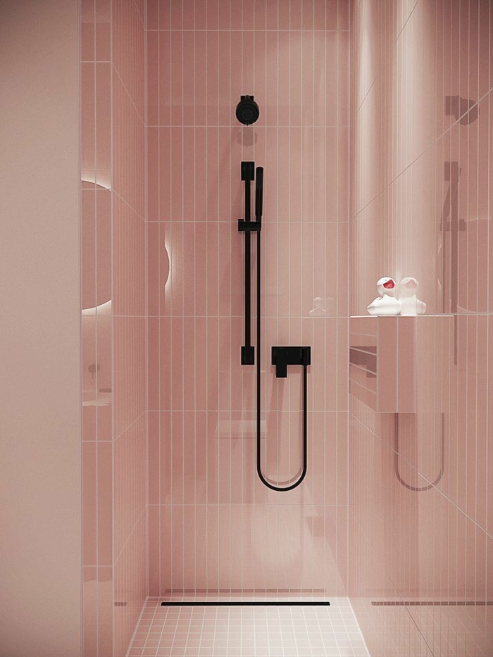 rosa Duschkabine, Badideen, rosa Fliesen und Schwarze Duschekopf, indirekte Beleuchtung