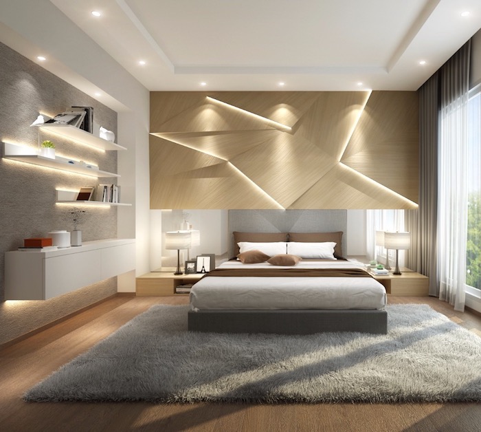 schlafzimmer gestalten, 3d wand mit beleuchtung, grauer flauschiger teppich, regale