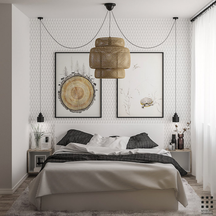 schlafzimmer ideen, wand mit geometrischem motiv, wandtapette in weiß und grau, große pendelleuchte