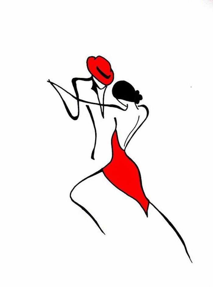 Schöne Zeichnung zum Nachmalen, Mann und Frau tanzen Tango, rotes Kleid und roter Hut