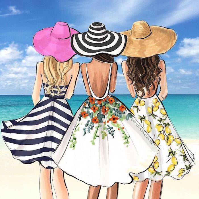 Drei Frauen am Strand, Kleider mit sommerlichen Motiven und Sommerhüte