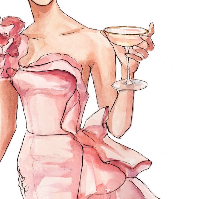 Bild zum Nachzeichnen, Frauenkörper und Glas Champagner, rosafarbenes trägerloses Kleid mit Schleppe