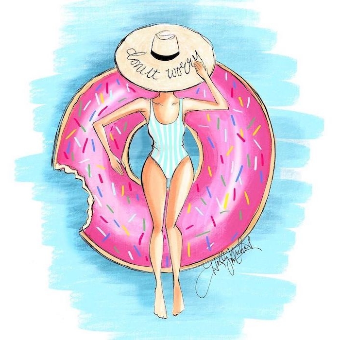 Sommerliches Bild zum Nachmalen, Frau mit Badeanzug und Sommerhut im Schwimmbad, Donut Schwimmreifen