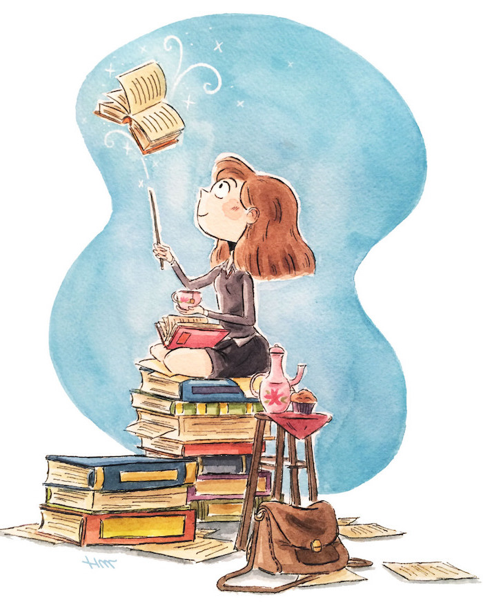 Schönes Bild zum Nachmalen, Mädchen hält Zauberstab, liest Buch und trinkt Tee